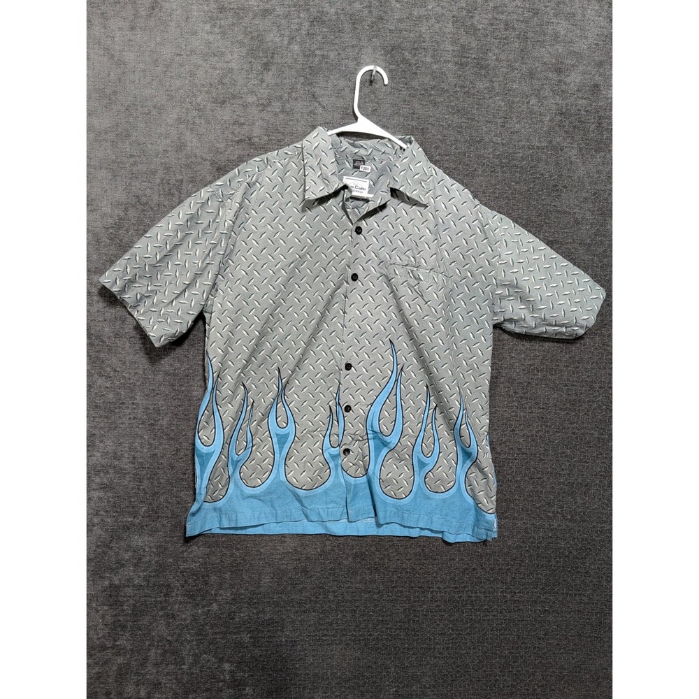 David Carey Originals Mens XL Gray Diamond Plate Blue Flame Button Up Shirt